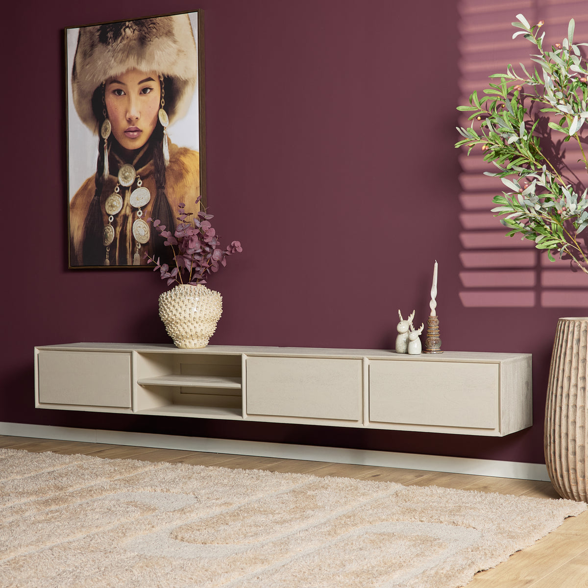Zwevend tv-meubel Ambiance, 120 cm, naturel mangohout