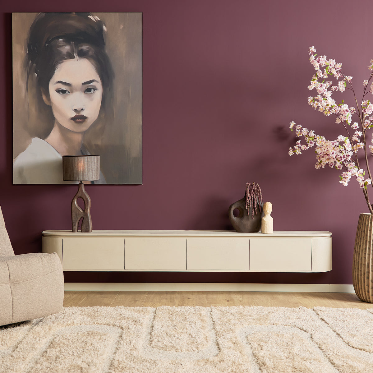 Zwevend tv-meubel Ambiance, 120 cm, naturel mangohout