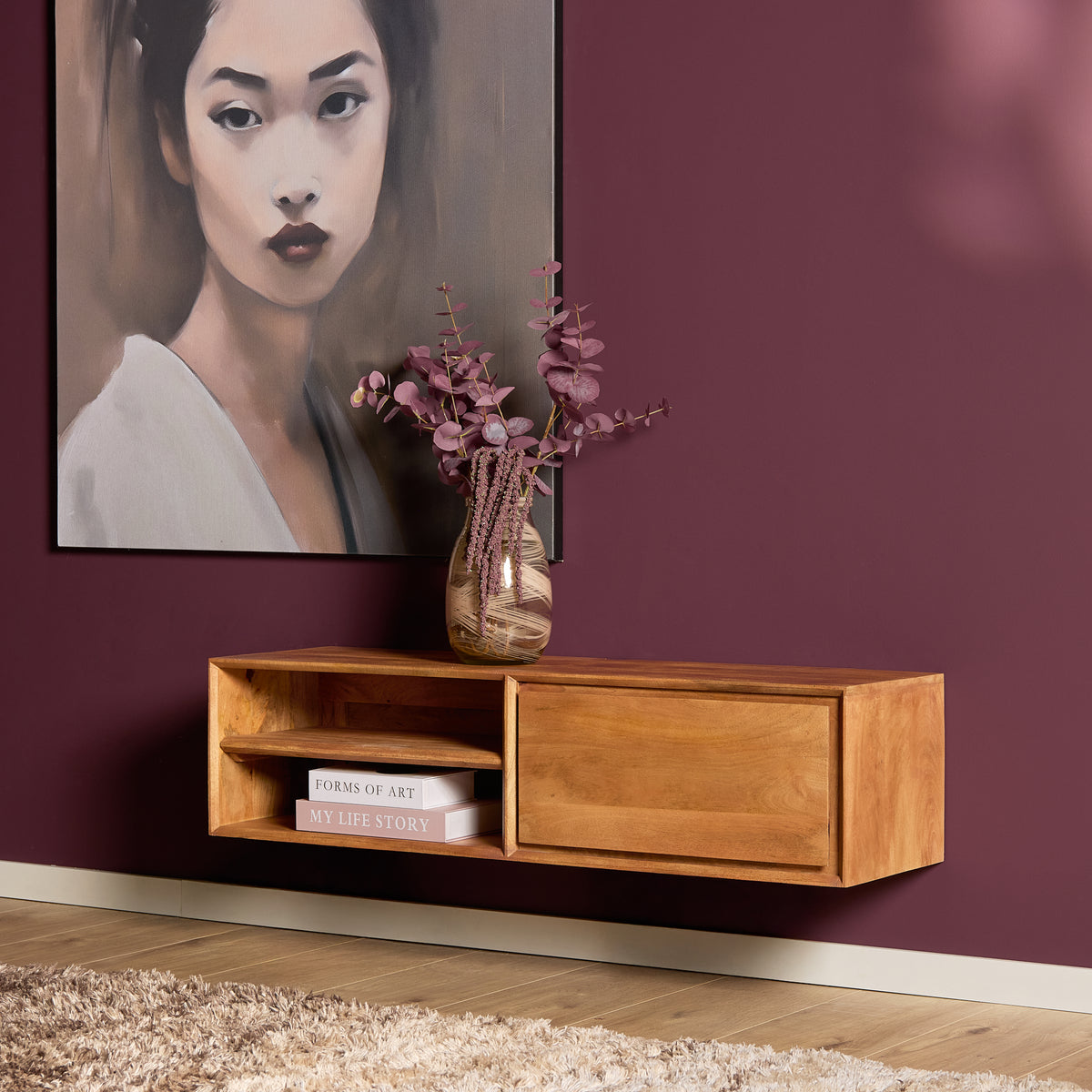 Zwevend tv-meubel Ambiance, 120 cm, naturel mangohout