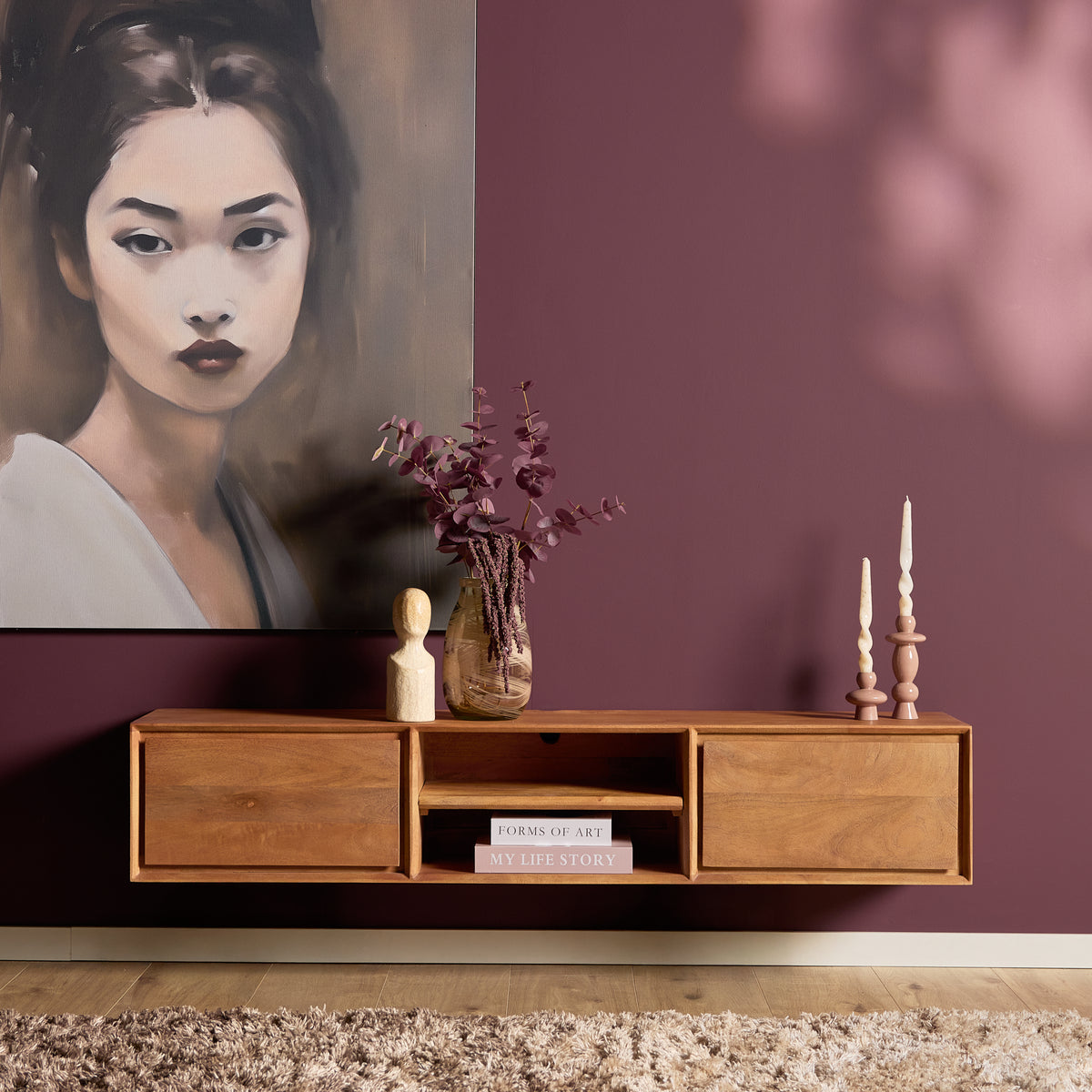 Zwevend tv-meubel Ambiance, 120 cm, naturel mangohout
