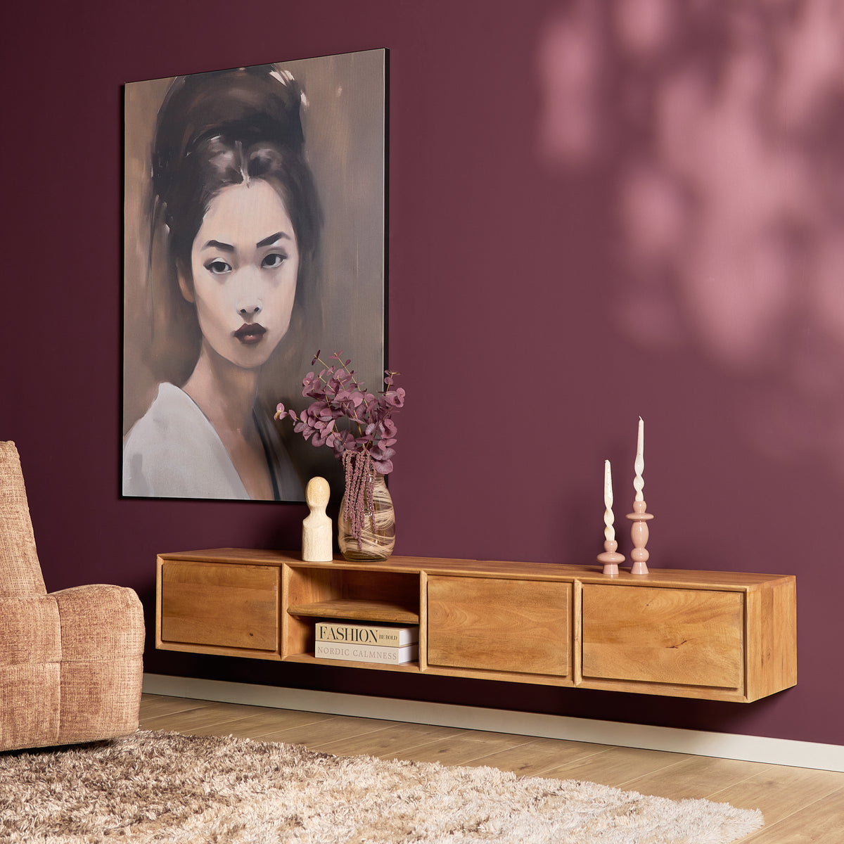 Zwevend tv-meubel Ambiance, 120 cm, naturel mangohout