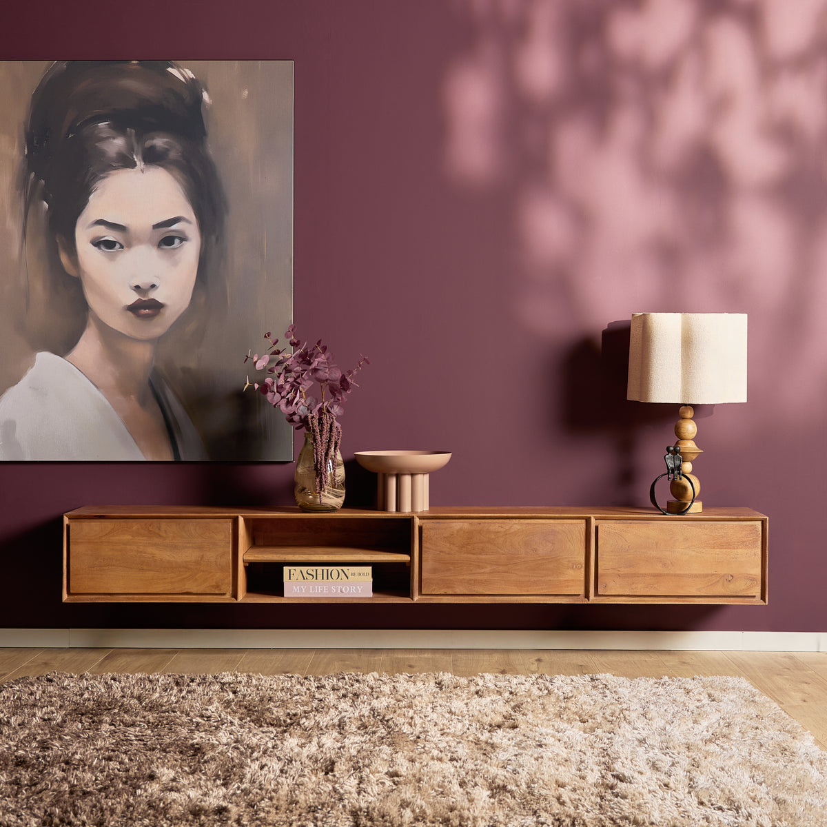 Zwevend tv-meubel Ambiance, 120 cm, naturel mangohout