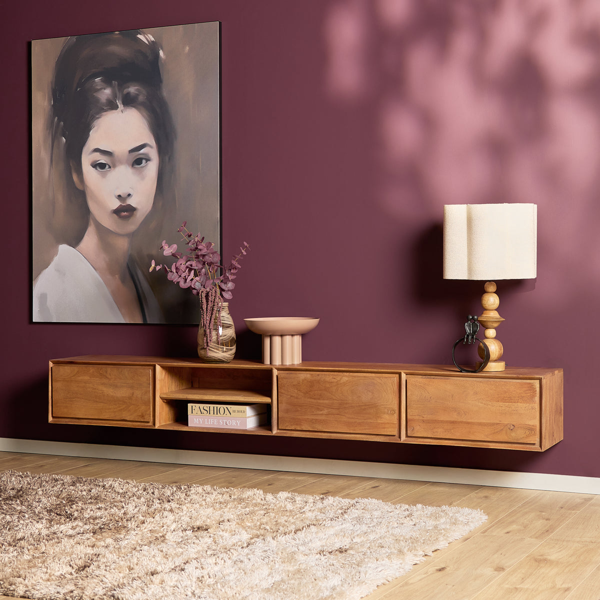 Zwevend tv-meubel Ambiance, 120 cm, naturel mangohout
