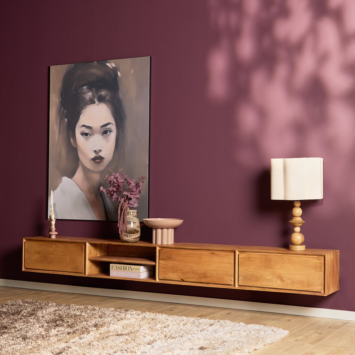 Zwevend tv-meubel Ambiance, 120 cm, naturel mangohout