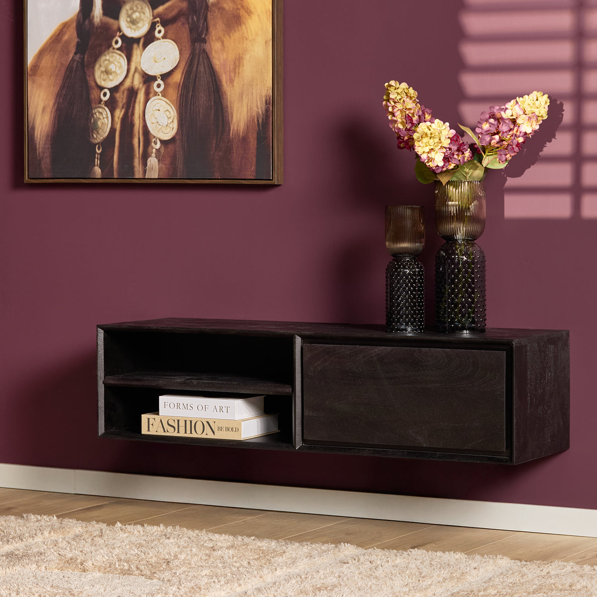 Zwevend tv-meubel Ambiance, 120 cm, naturel mangohout