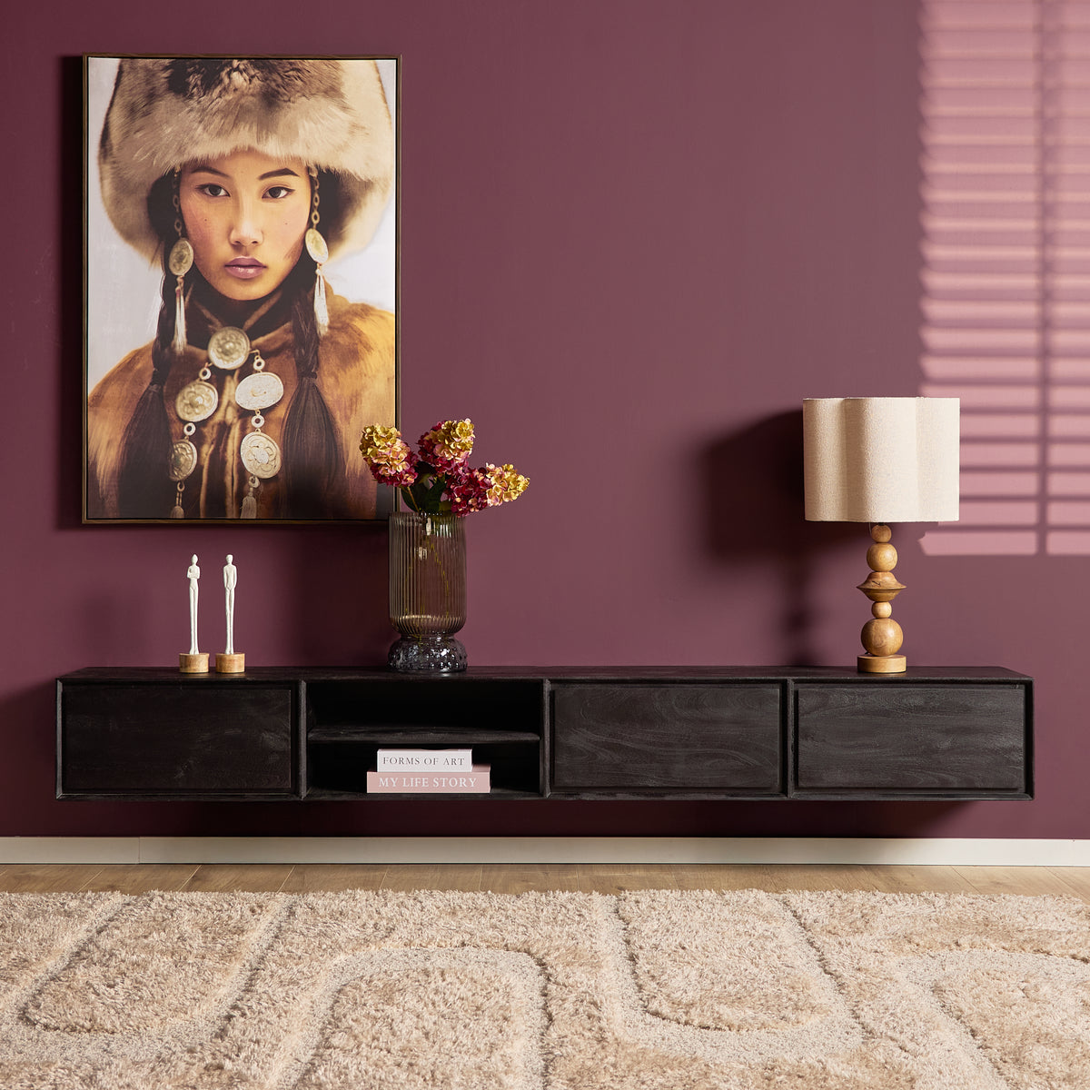 Zwevend tv-meubel Ambiance, 120 cm, naturel mangohout