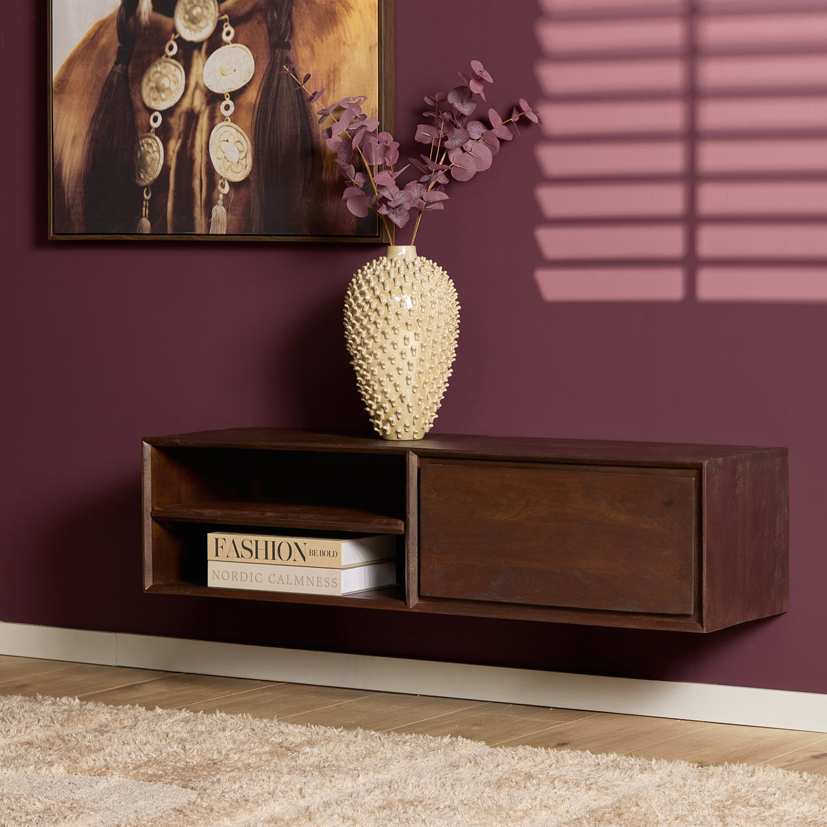 Zwevend tv-meubel Ambiance, 120 cm, naturel mangohout