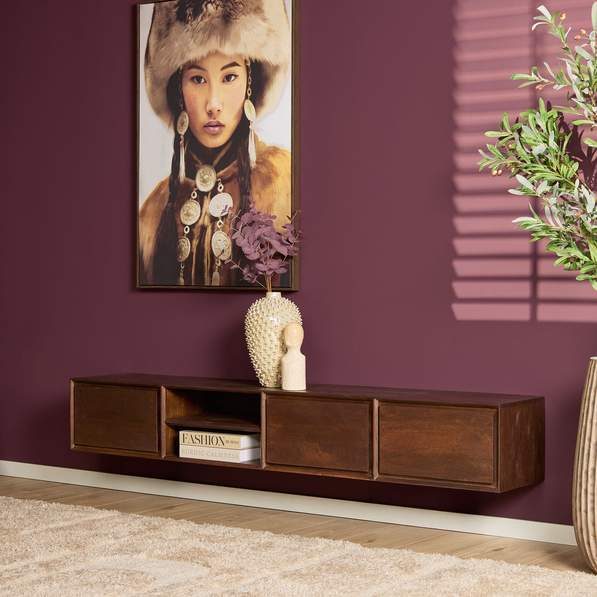 Zwevend tv-meubel Ambiance, 120 cm, naturel mangohout