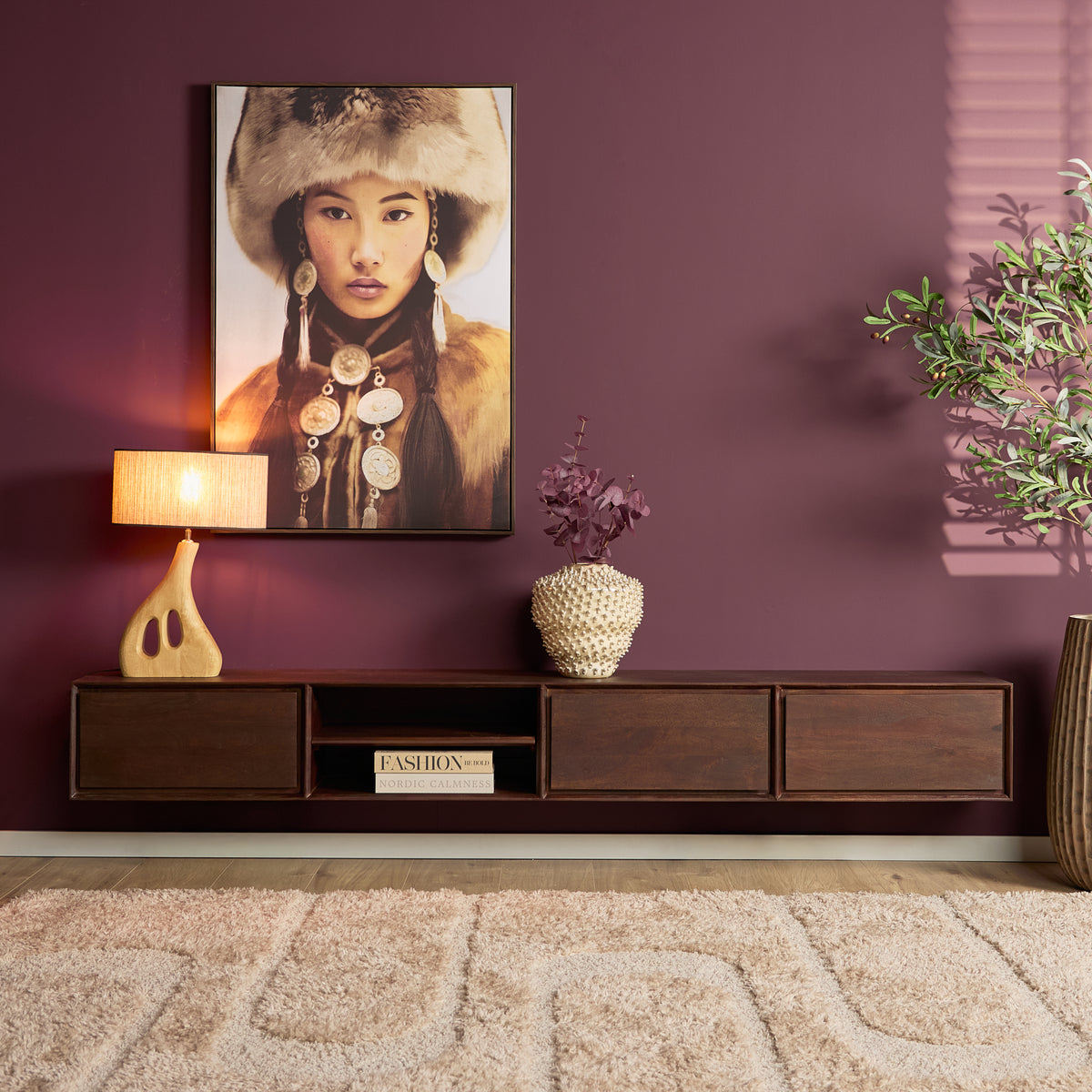 Zwevend tv-meubel Ambiance, 120 cm, naturel mangohout