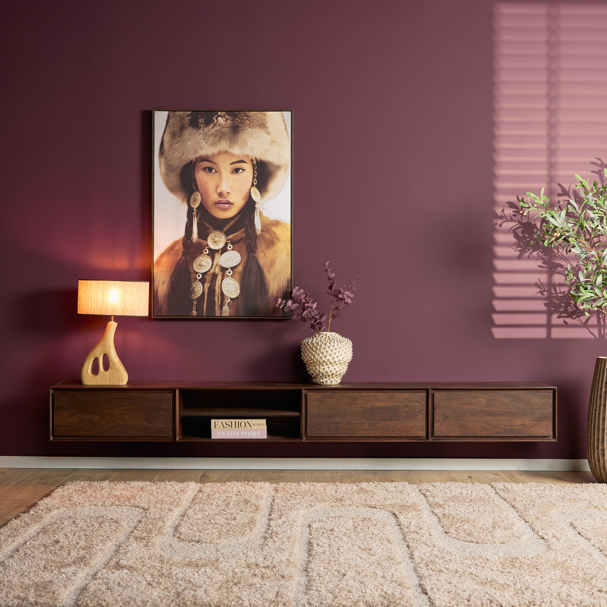 Zwevend tv-meubel Ambiance, 120 cm, naturel mangohout