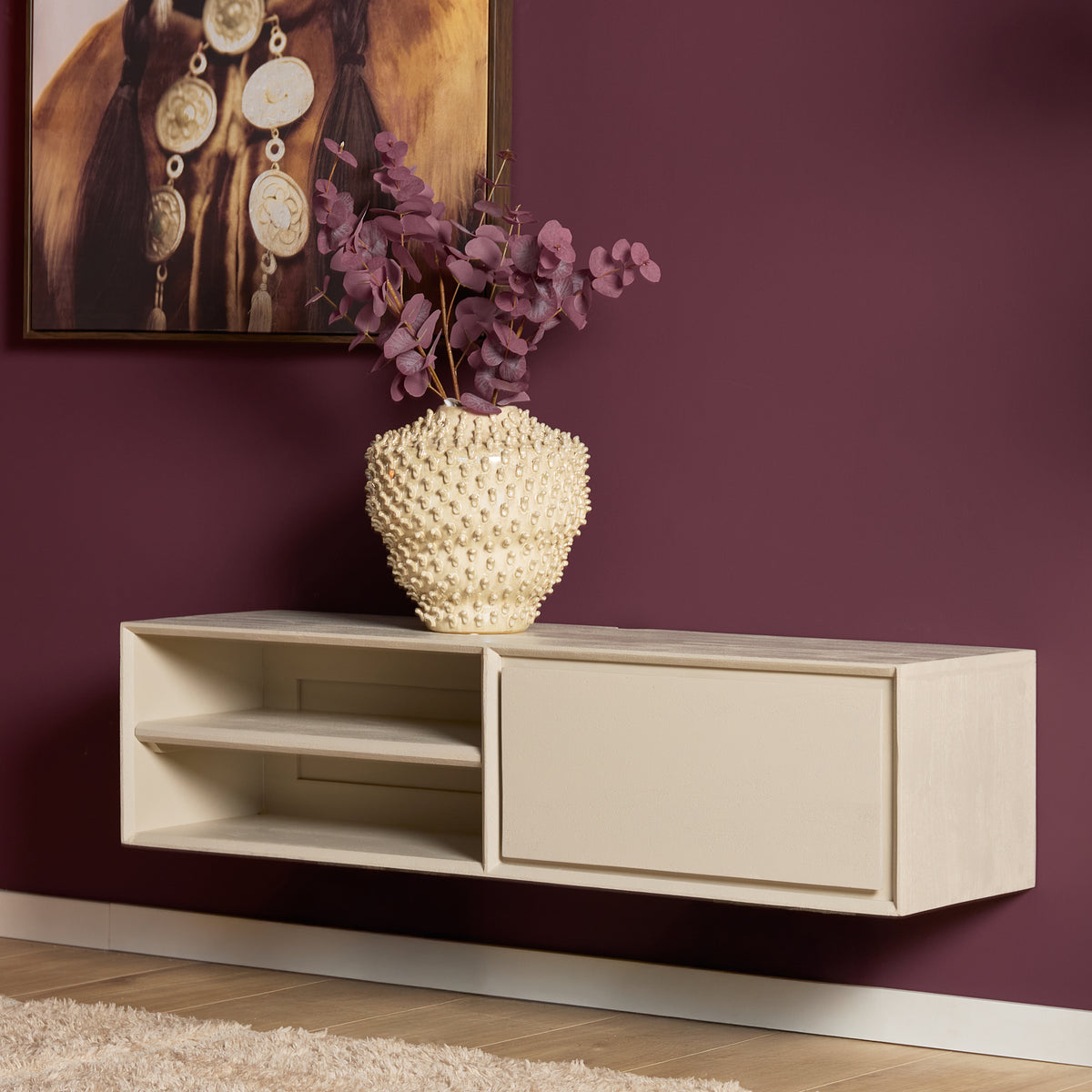 Zwevend tv-meubel Ambiance, 120 cm, naturel mangohout
