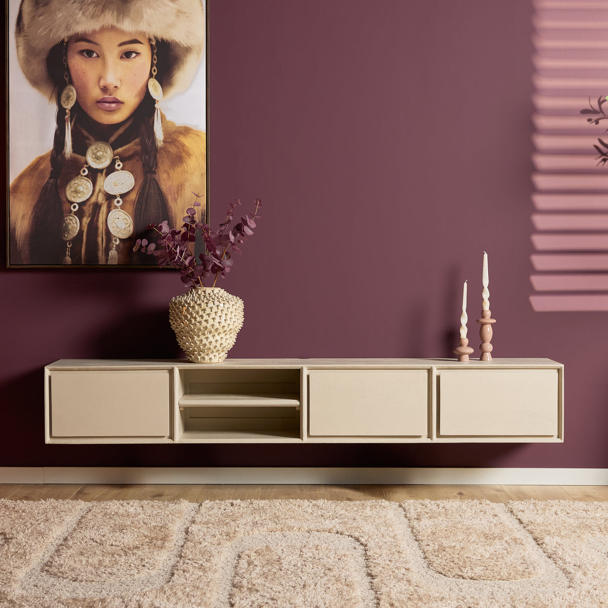 Zwevend tv-meubel Ambiance, 120 cm, naturel mangohout