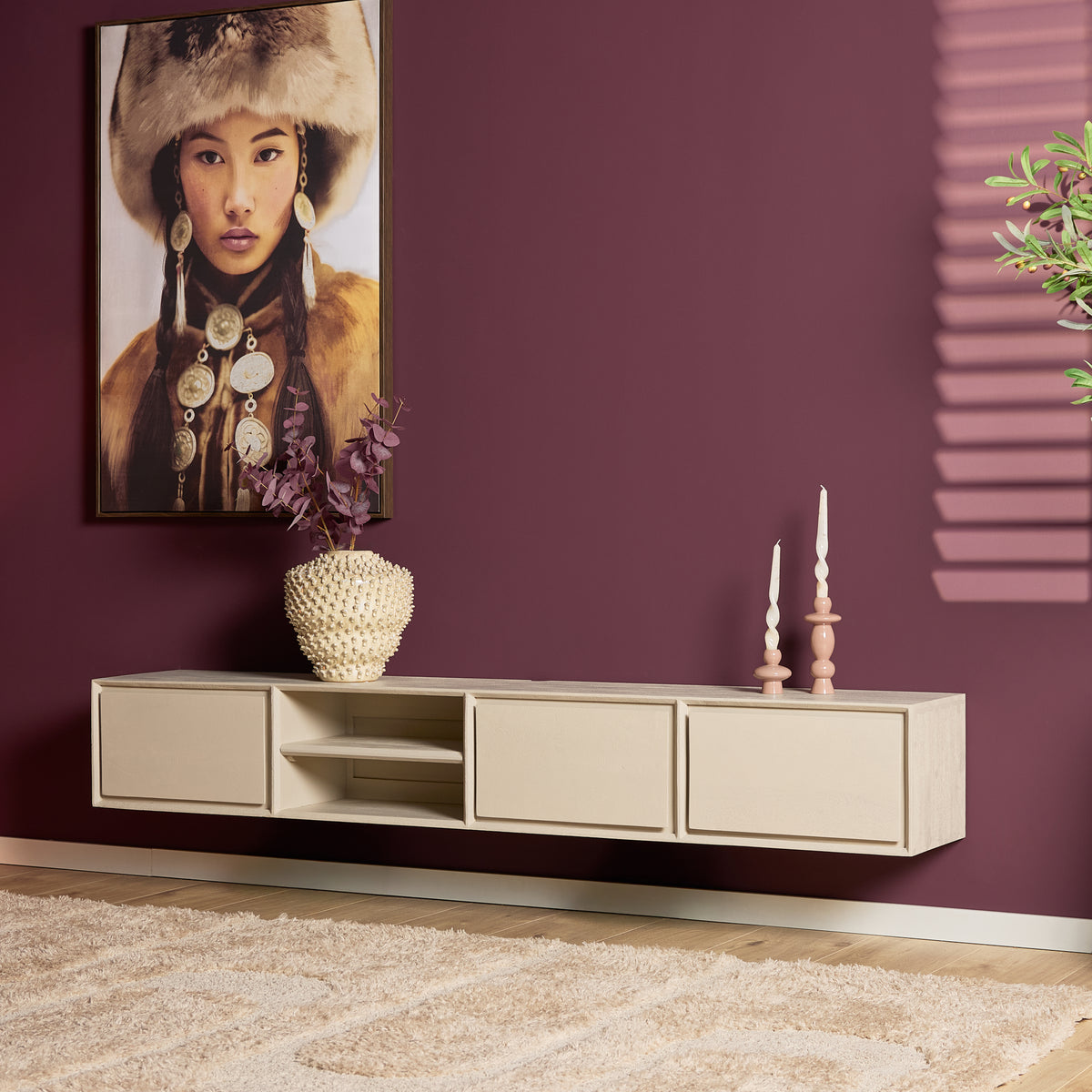 Zwevend tv-meubel Ambiance, 120 cm, naturel mangohout