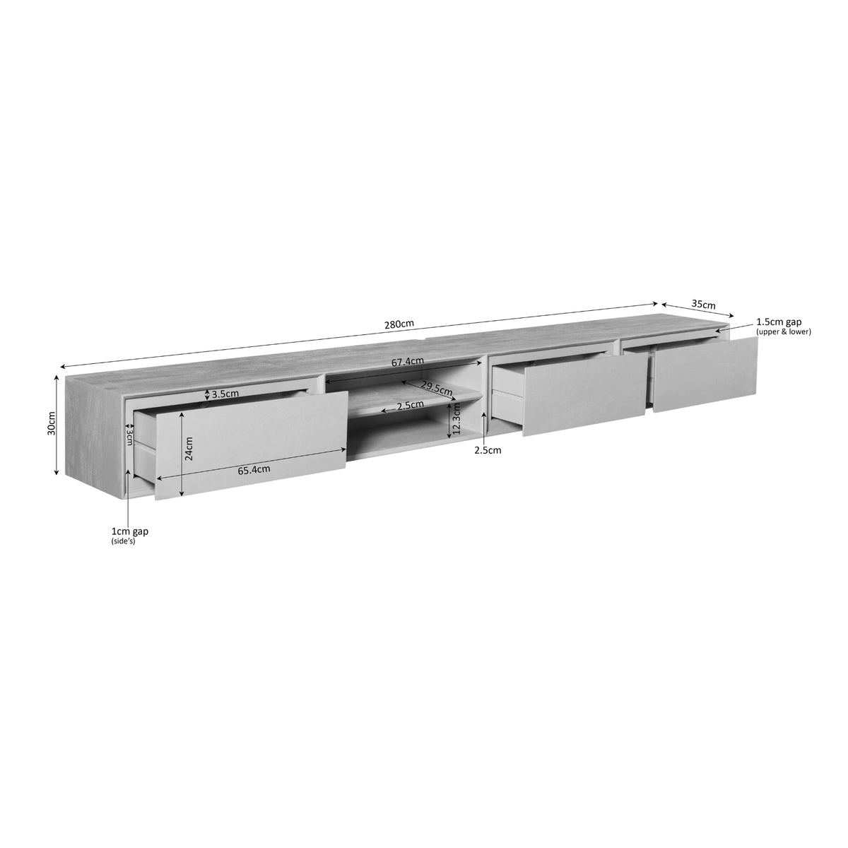Zwevend tv-meubel Ambiance, 280 cm, naturel mangohout