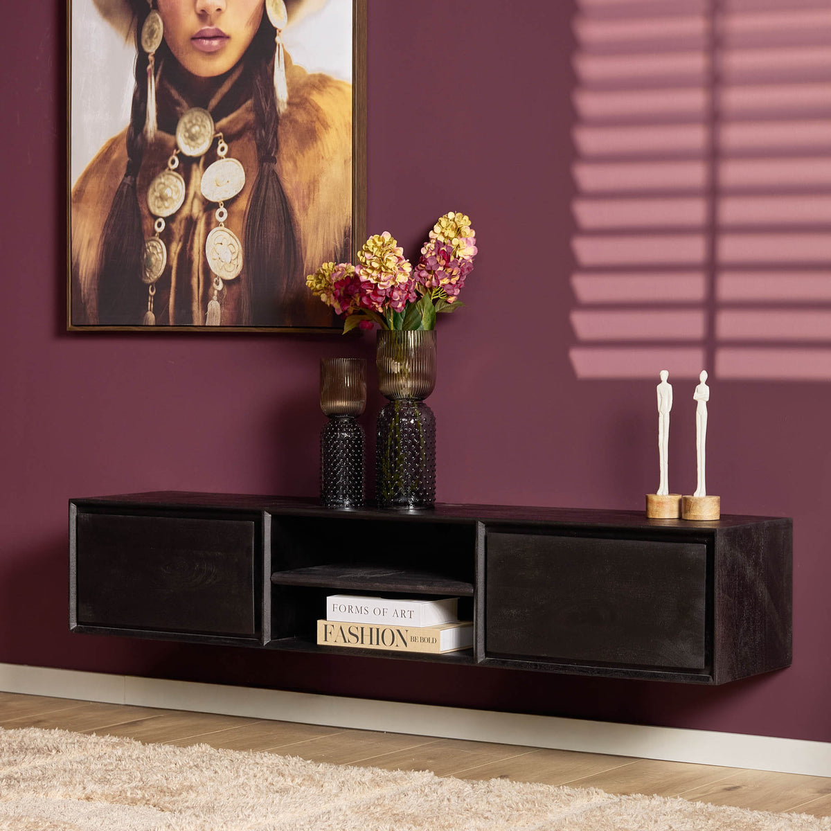 Zwevend tv-meubel Ambiance, 160 cm, zwart mangohout