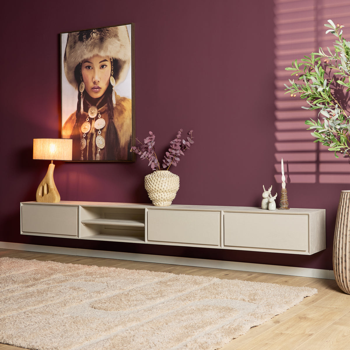 Zwevend tv-meubel Ambiance, 280 cm, zand mangohout