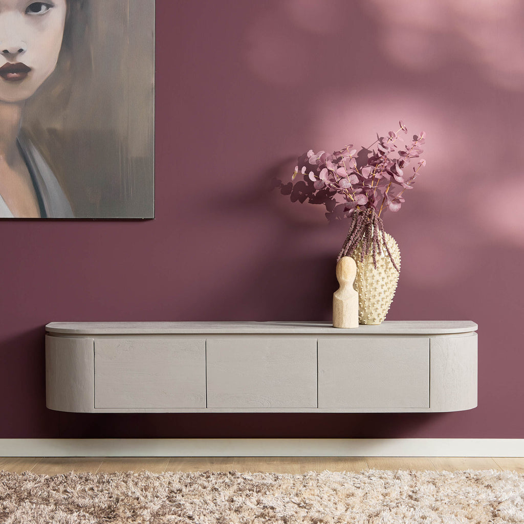 Tv-meubel Excellent, 160 cm, taupe mangohout, zwevend of op pootjes