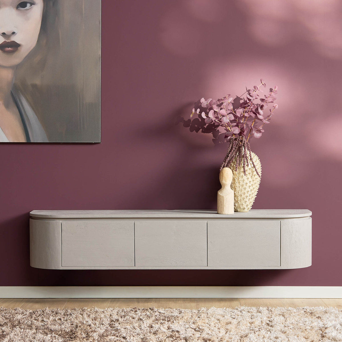 Tv-meubel Excellent, 160 cm, taupe mangohout, zwevend of op pootjes
