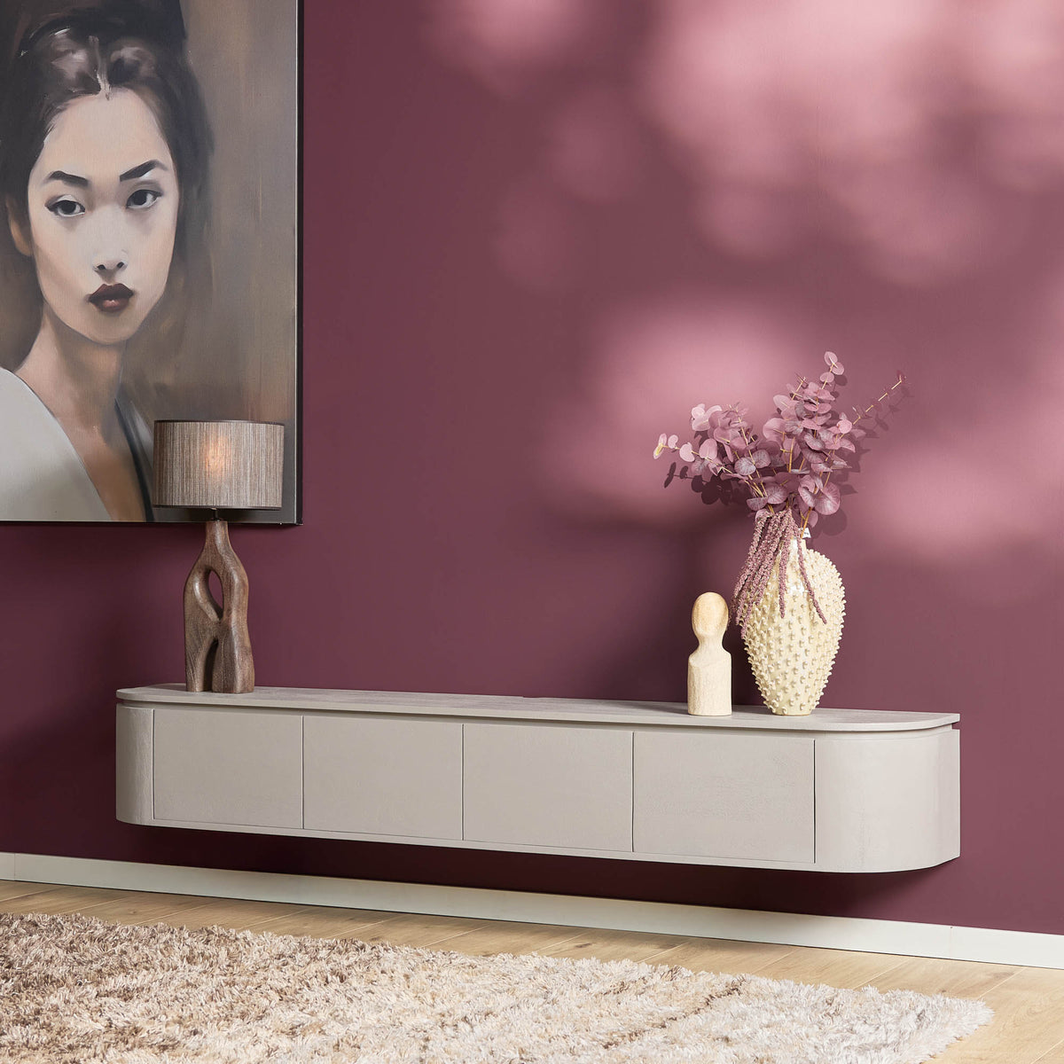 Tv-meubel Excellent, 200 cm, taupe mangohout, zwevend of op pootjes