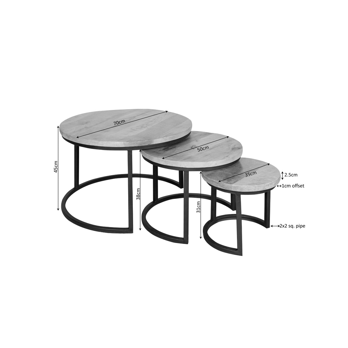Salontafel Madison, Ø 70 cm, zand mangohout, set van 3