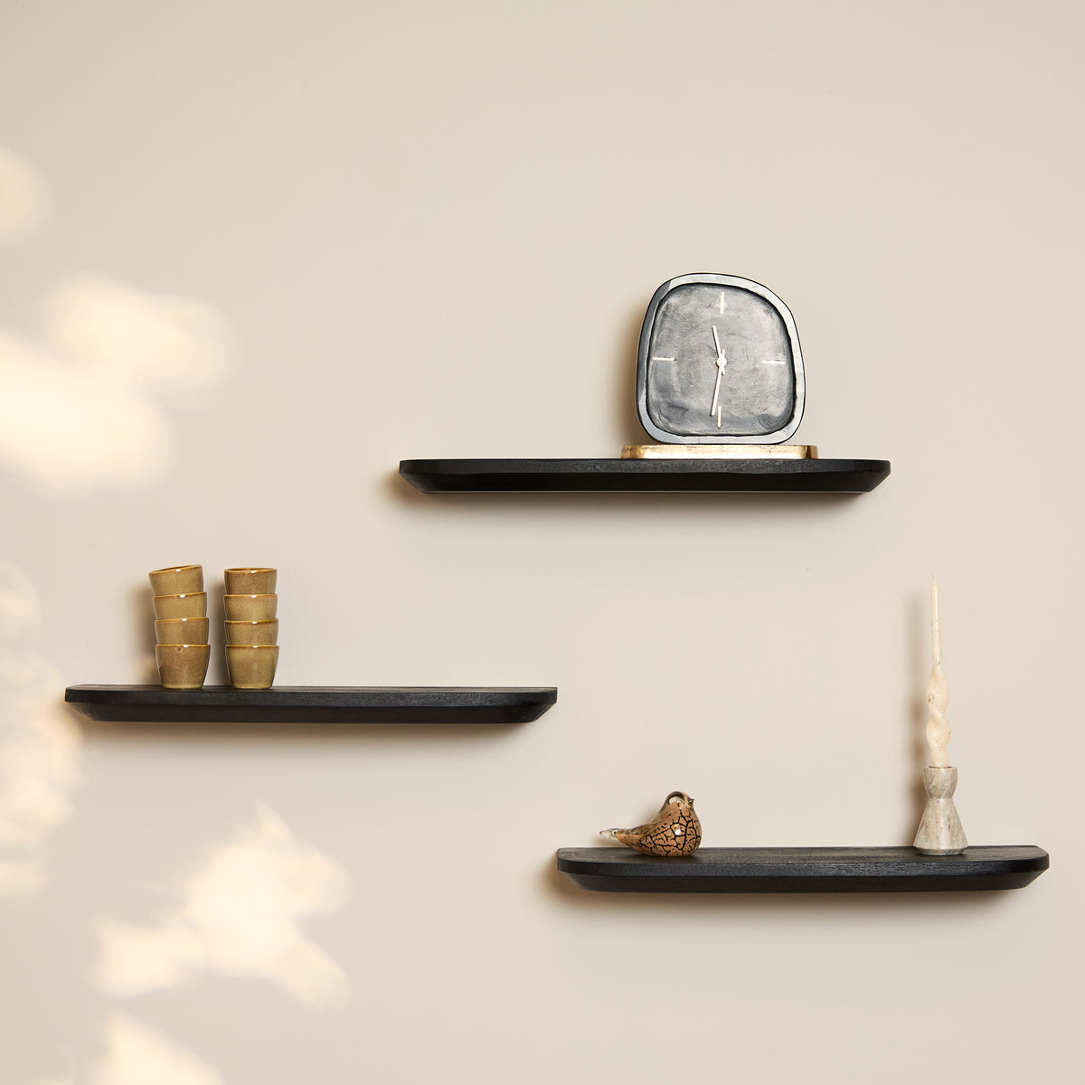 Wandplank Gusta, 60 cm, zwart mangohout, set van 3