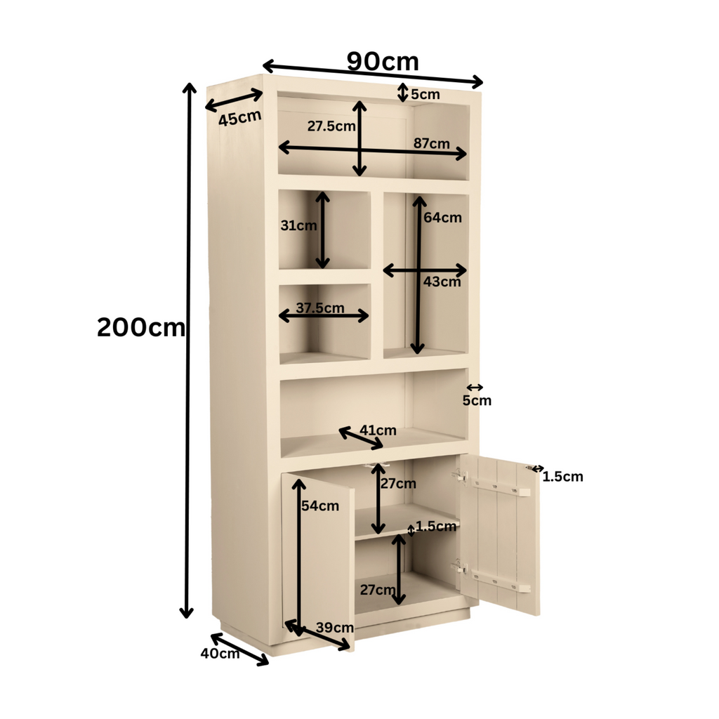 Boekenkast Brussel, 90 cm, 5 vakken en 2 deuren, zand