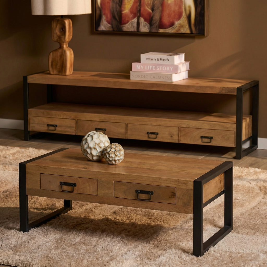 Salontafel Britt, 120 x 60 cm, 2 lades, licht mangohout