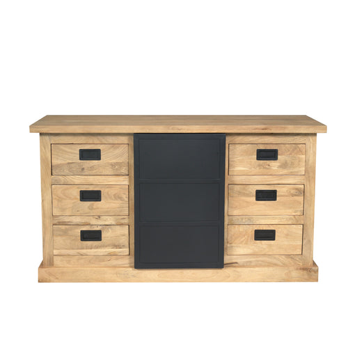 Dressoir Noa, 160 cm, licht mangohout, 1 deur en 6 lades