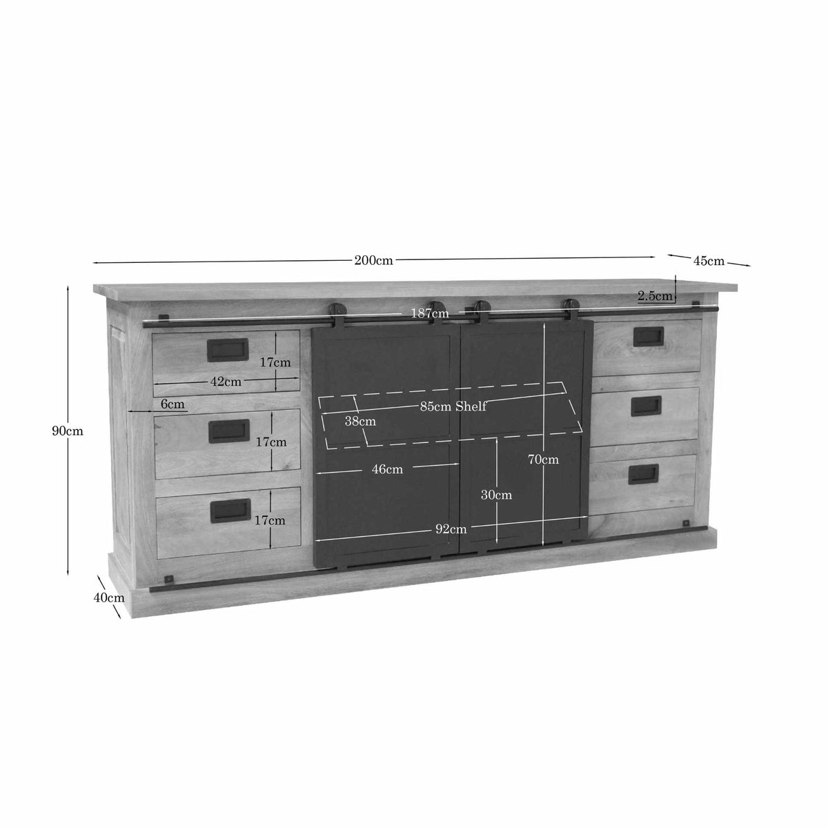 Dressoir Fresno, 200 cm, mangohout, 6 lades