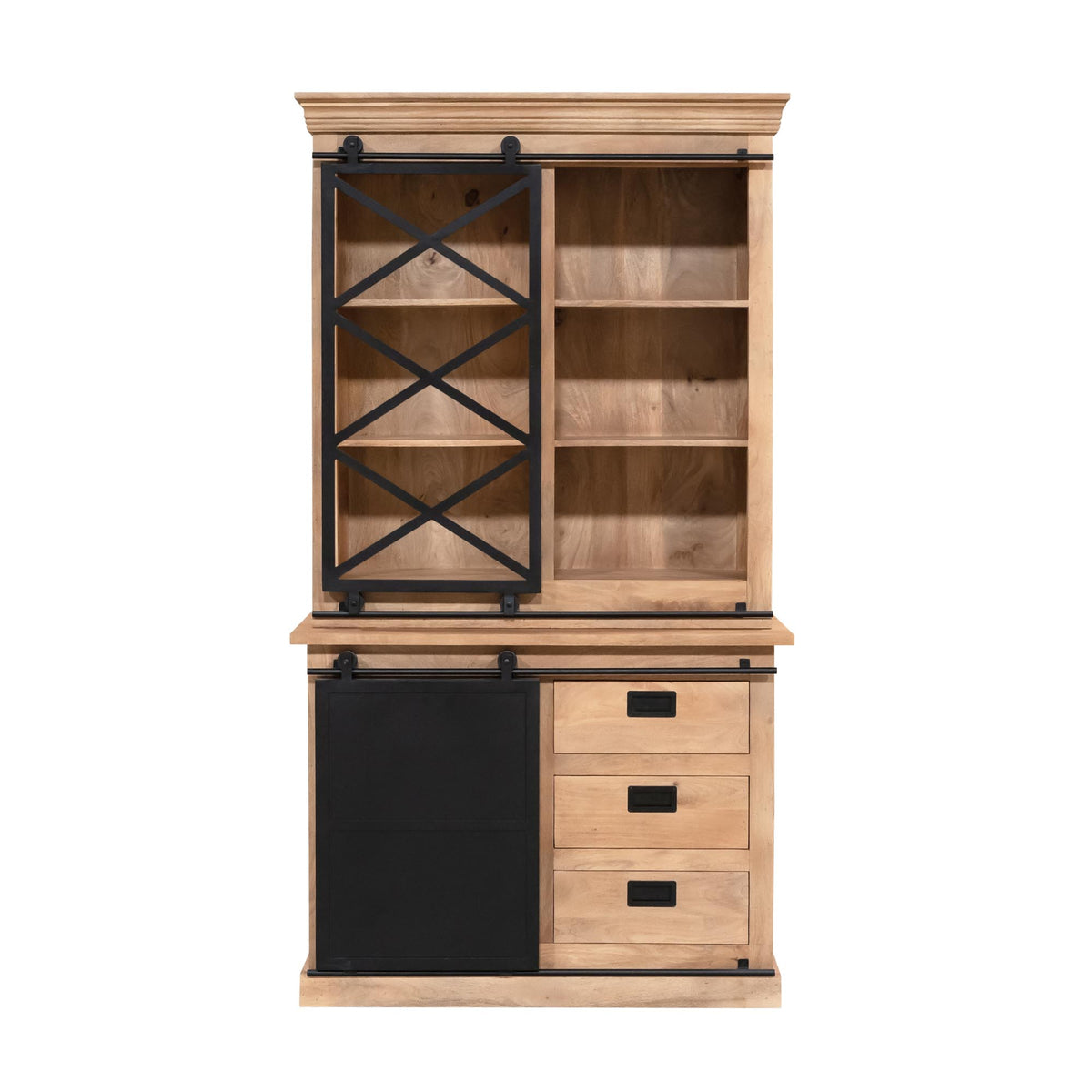 Vitrinekast Fresno, 120 x 220 cm, mangohout en zwart metaal