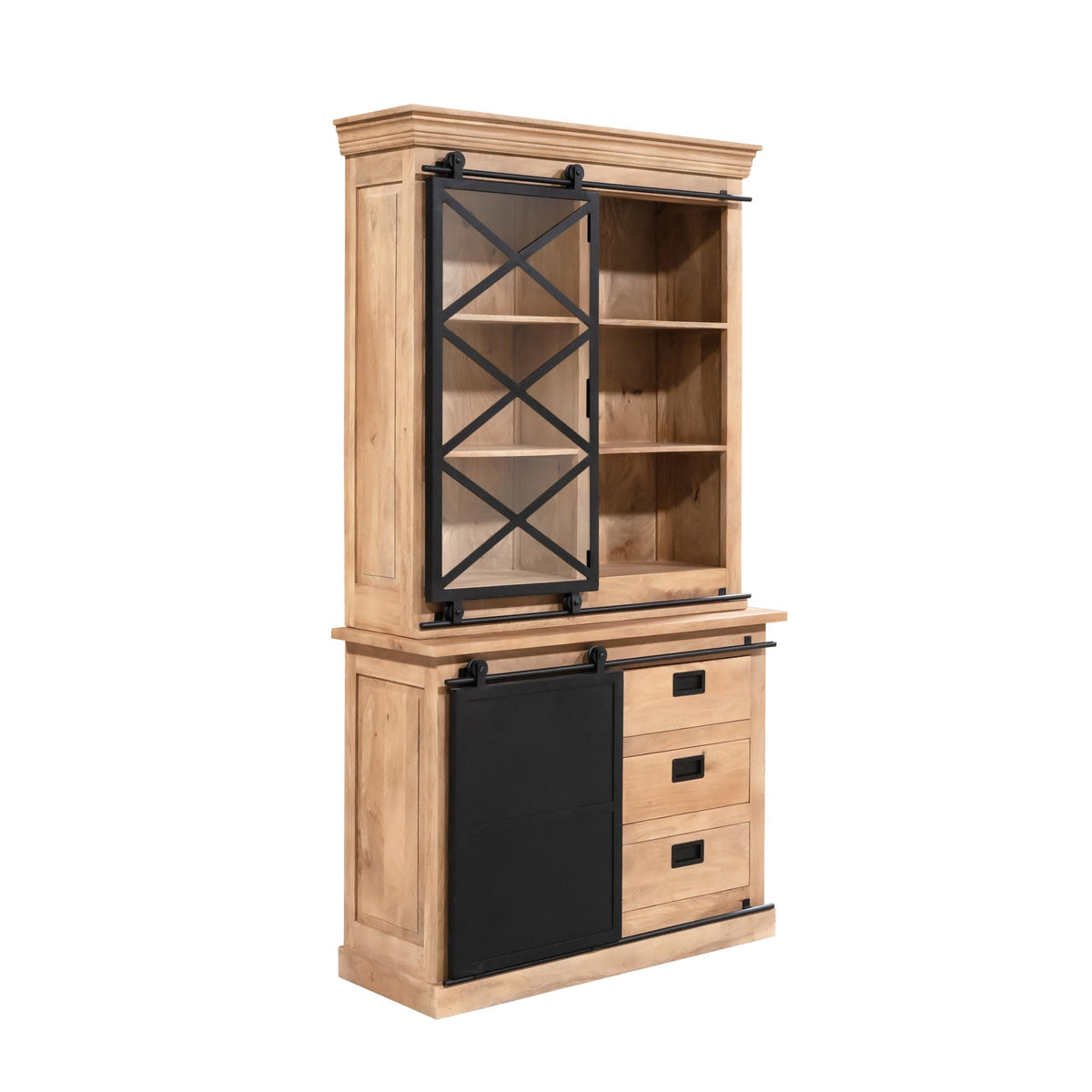 Vitrinekast Fresno, 120 x 220 cm, mangohout en zwart metaal