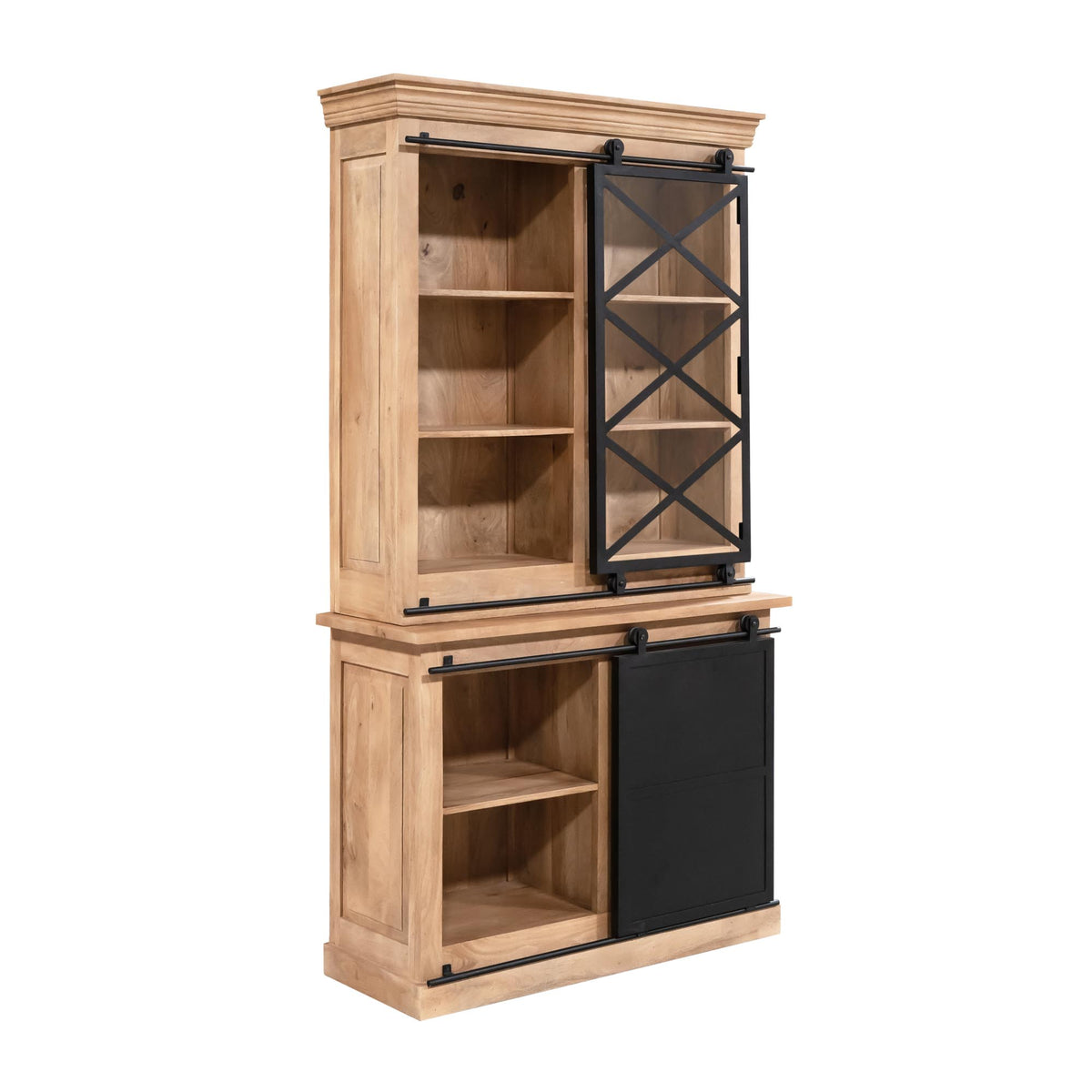 Vitrinekast Fresno, 120 x 220 cm, mangohout en zwart metaal