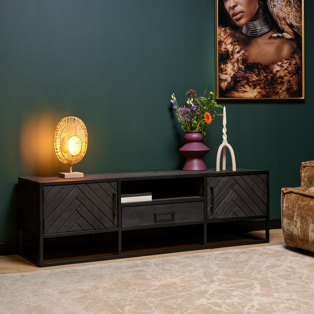 Tv-meubel New York, 165 cm, zwart mangohout, visgraat