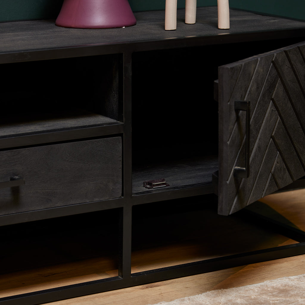 Tv-meubel New York, 165 cm, zwart mangohout, visgraat