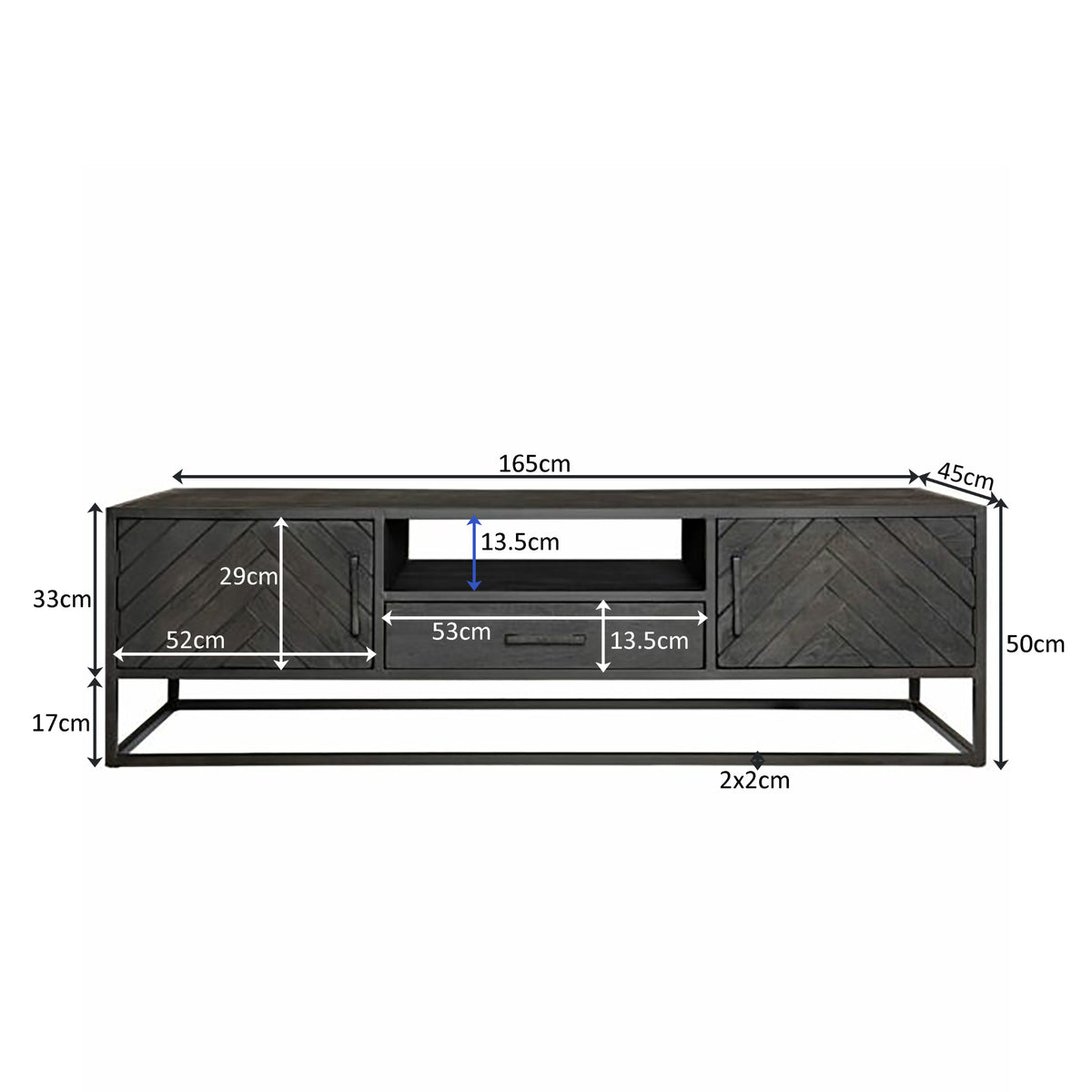 Tv-meubel New York, 165 cm, zwart mangohout, visgraat