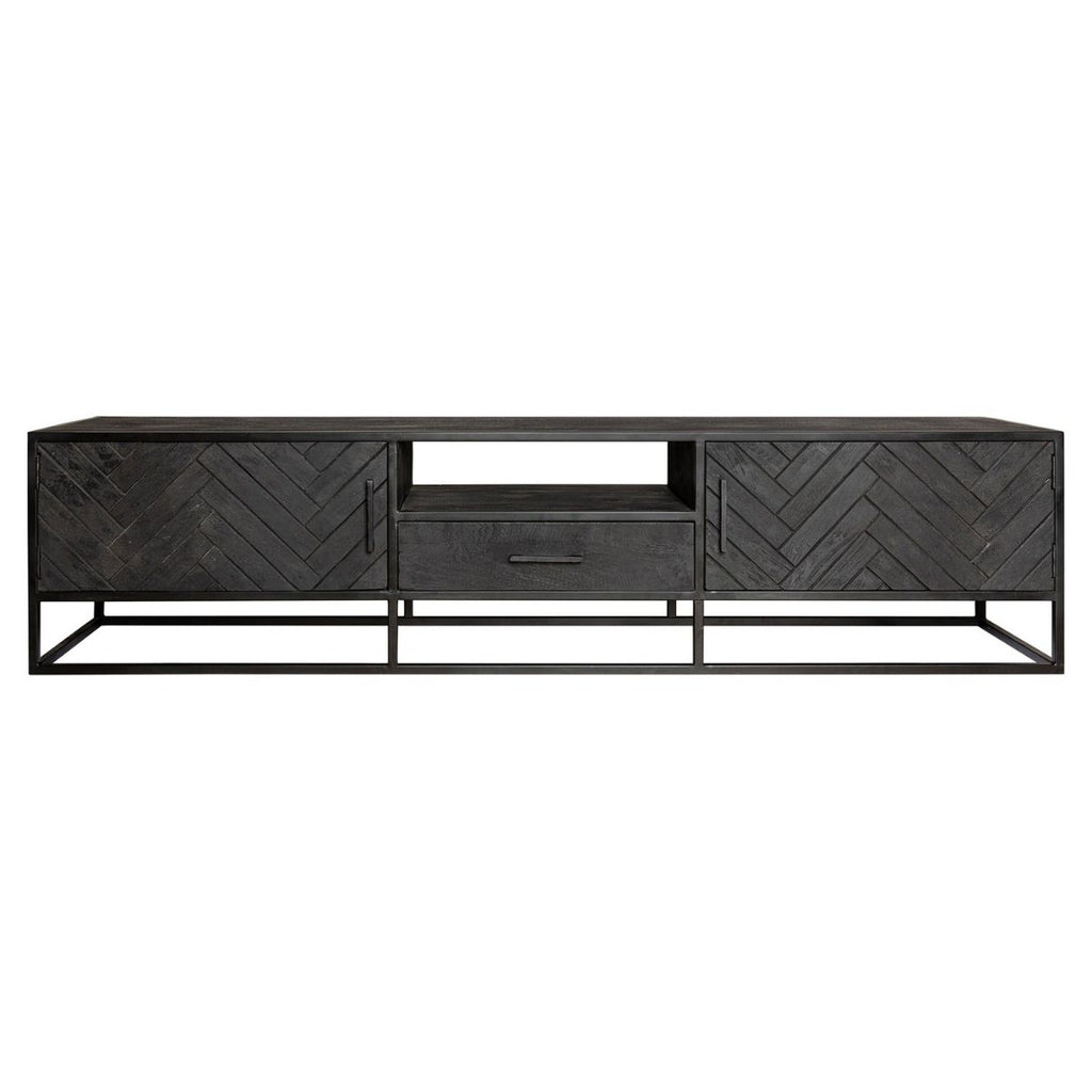 Tv-meubel New York, 210 cm, zwart mangohout, visgraat
