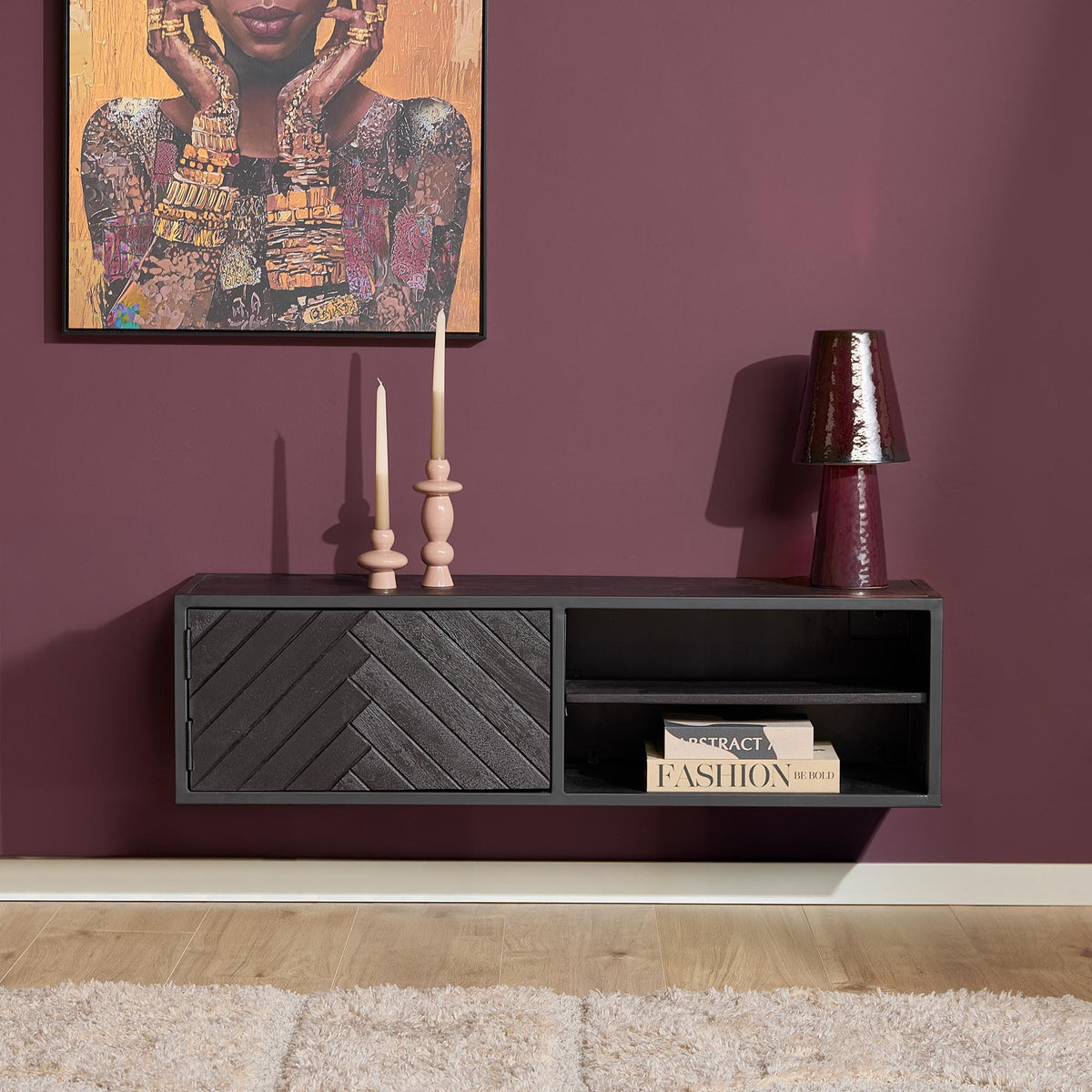 Zwevend tv-meubel New York, 120 cm, zwart mangohout, visgraat