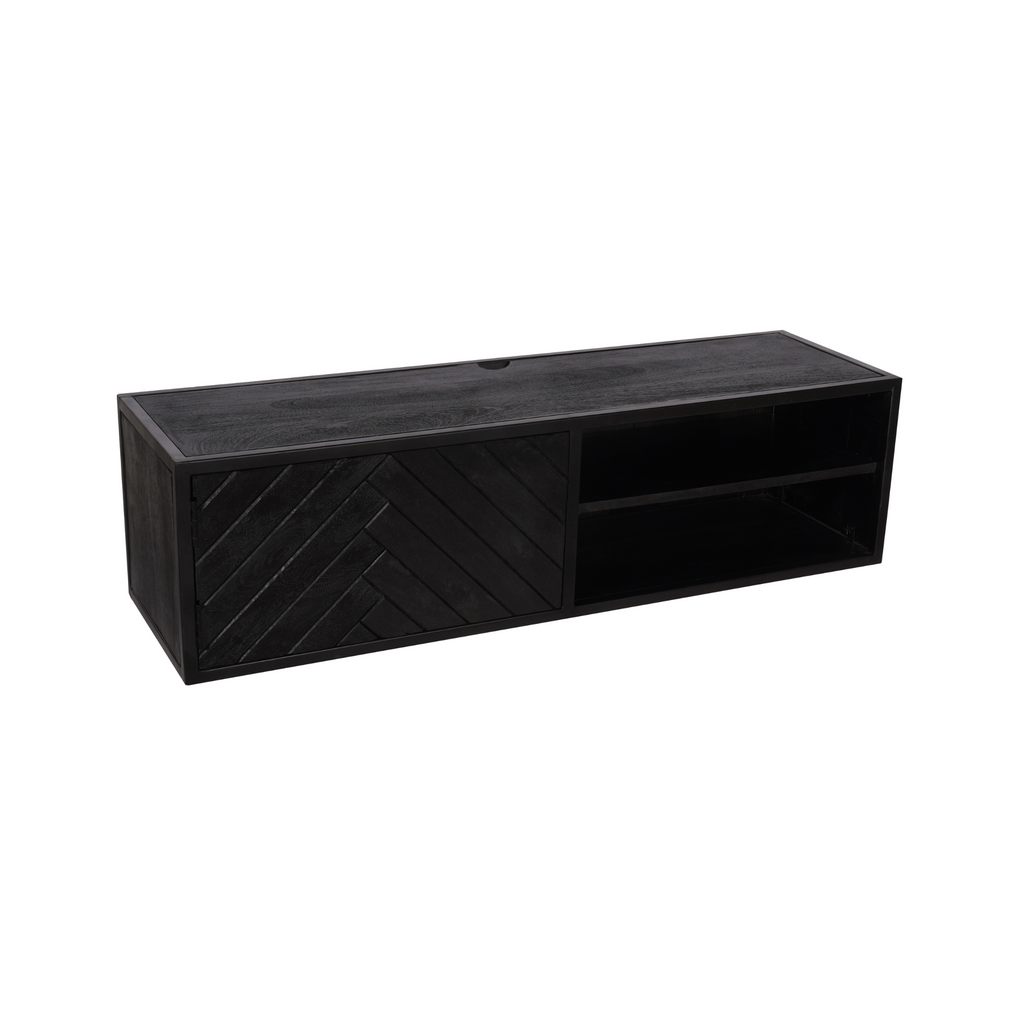 Zwevend tv-meubel New York, 120 cm, zwart mangohout, visgraat