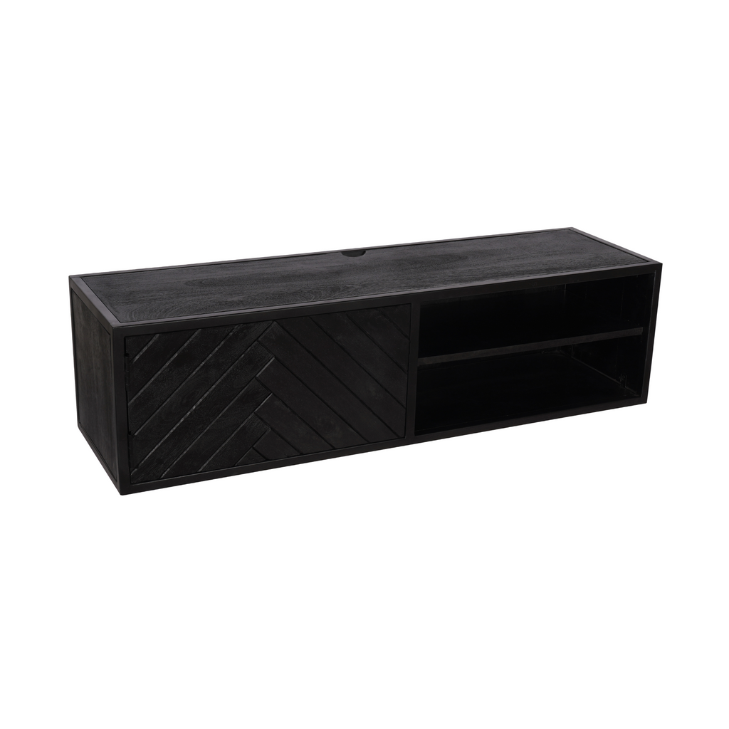 Zwevend tv-meubel New York, 120 cm, zwart mangohout, visgraat