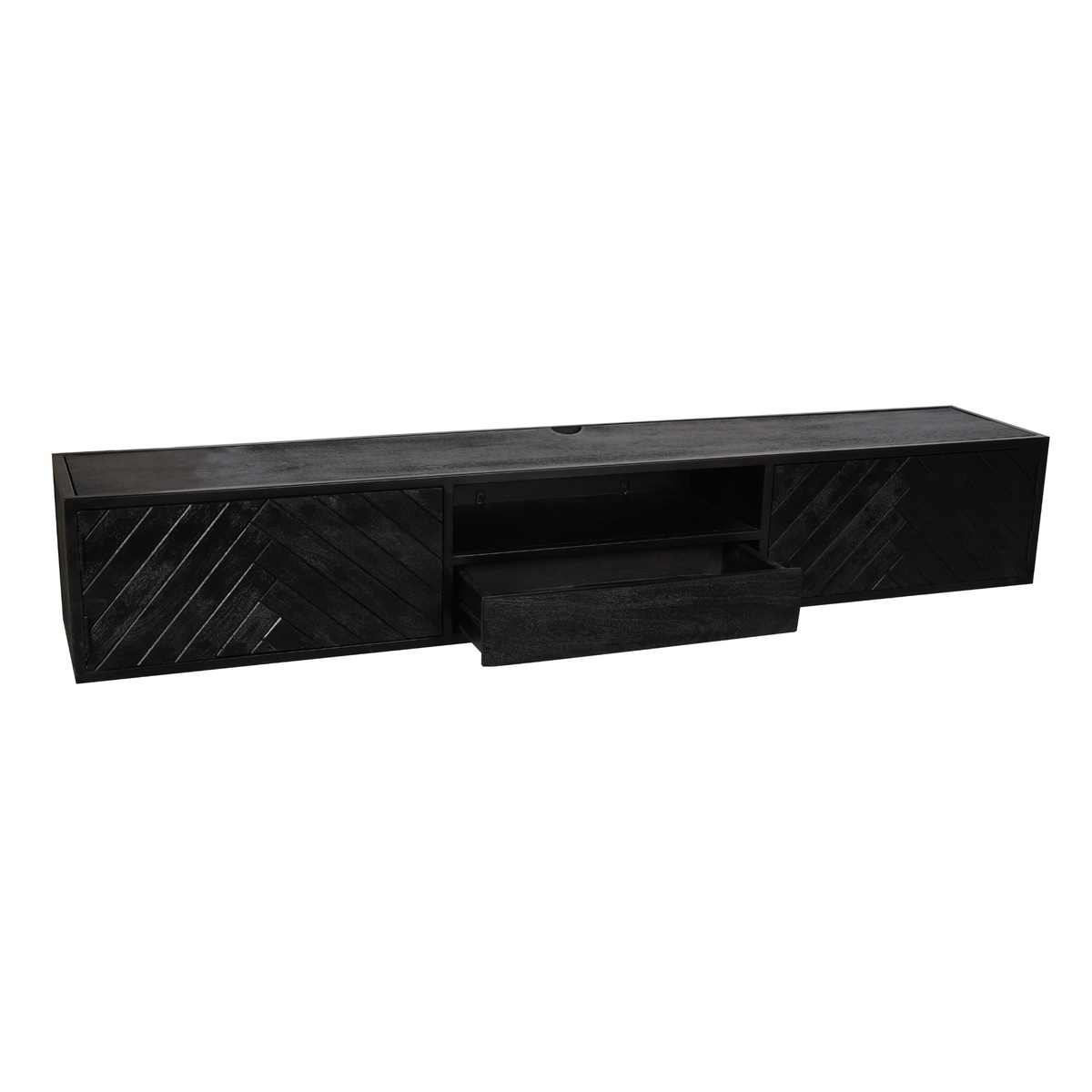 Zwevend tv-meubel New York, 200 cm, zwart mangohout, visgraat