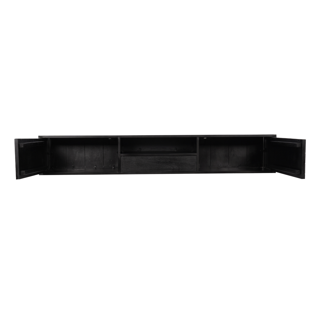 Zwevend tv-meubel New York, 200 cm, zwart mangohout, visgraat