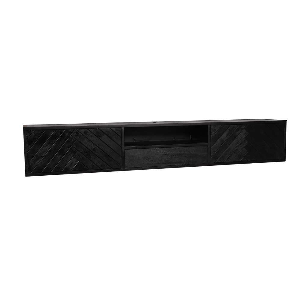 Zwevend tv-meubel New York, 200 cm, zwart mangohout, visgraat