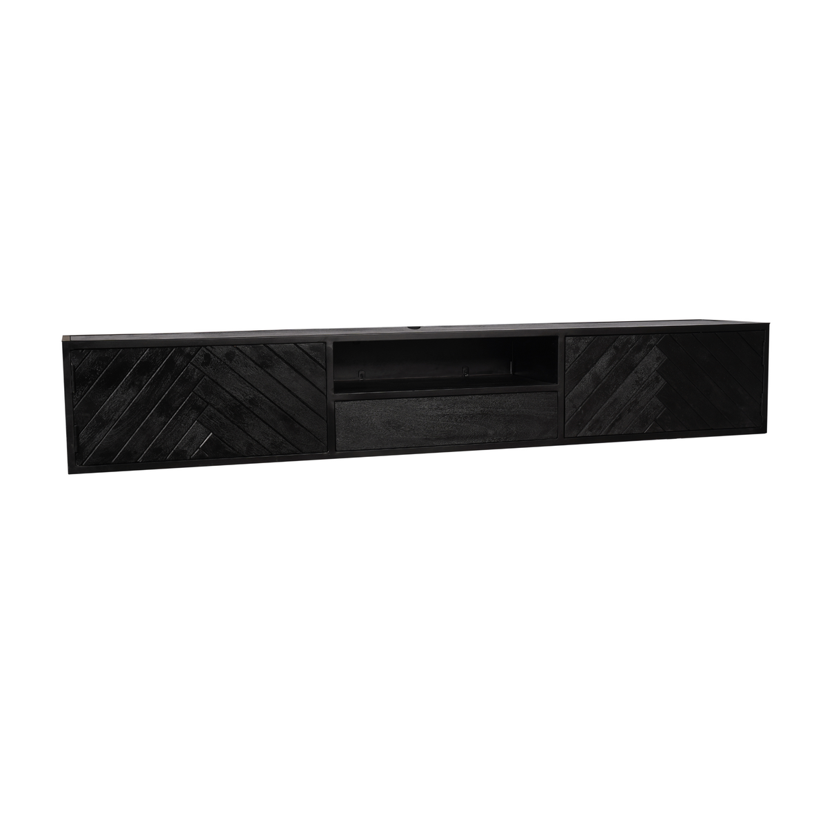 Zwevend tv-meubel New York, 200 cm, zwart mangohout, visgraat