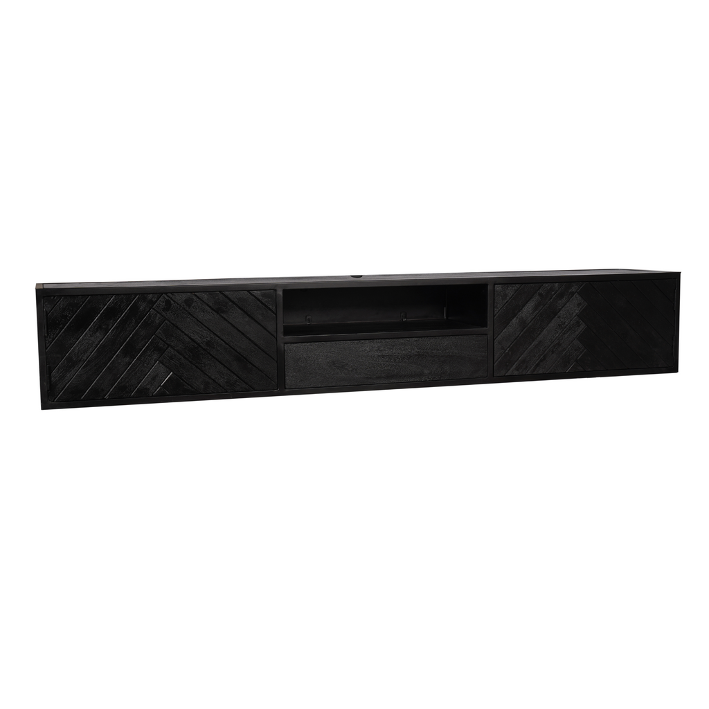 Zwevend tv-meubel New York, 240 cm, zwart mangohout, visgraat