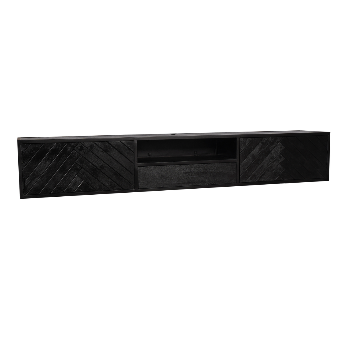 Zwevend tv-meubel New York, 240 cm, zwart mangohout, visgraat