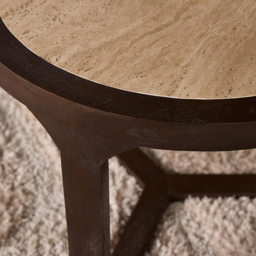 Bijzettafel Morris, Ø 60 cm, travertin en bruin mangohout