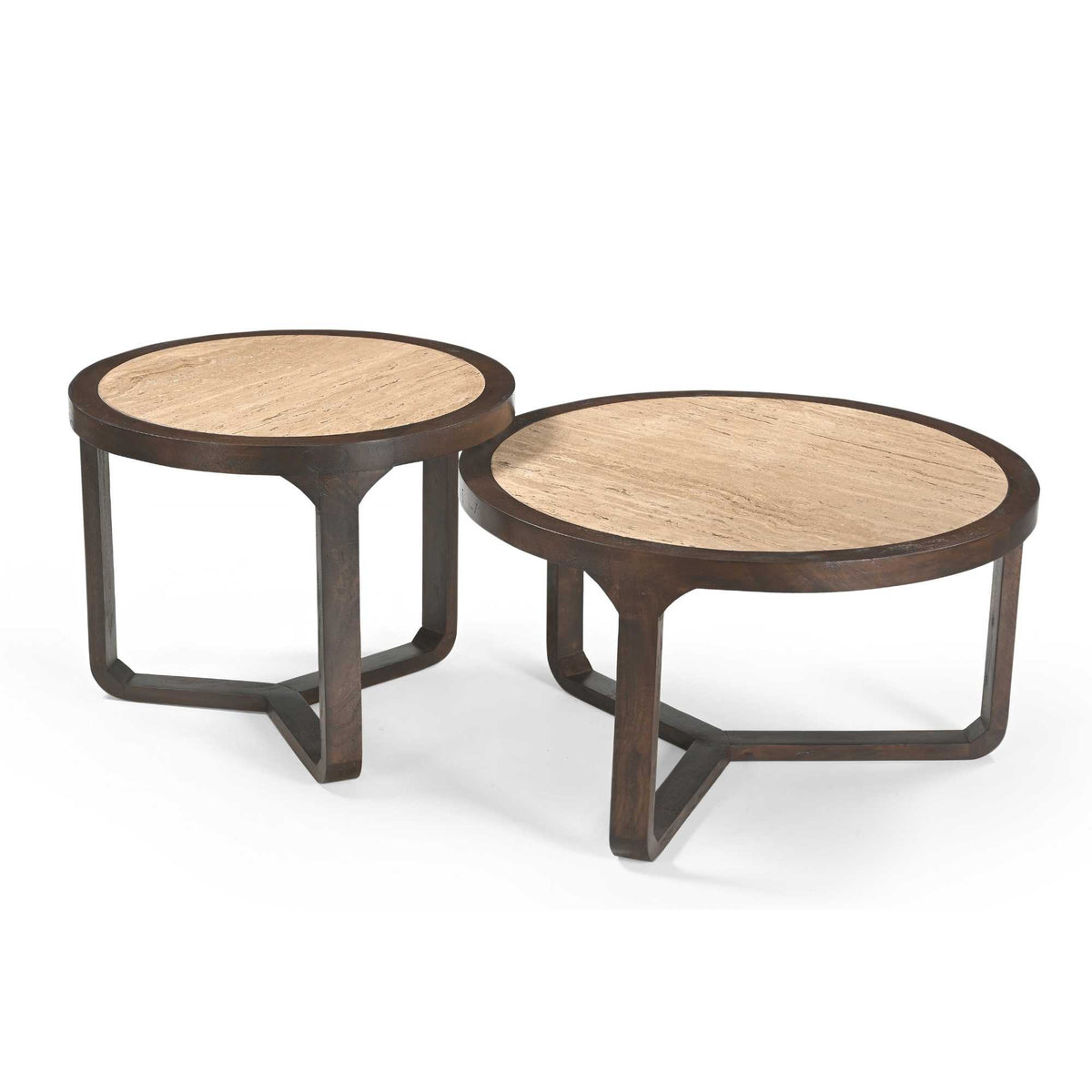 Bijzettafel Morris, Ø 60 cm, travertin en bruin mangohout