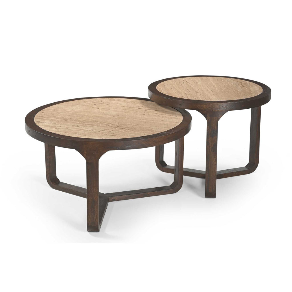 Salontafel Morris, Ø 75 cm, travertin en bruin mangohout