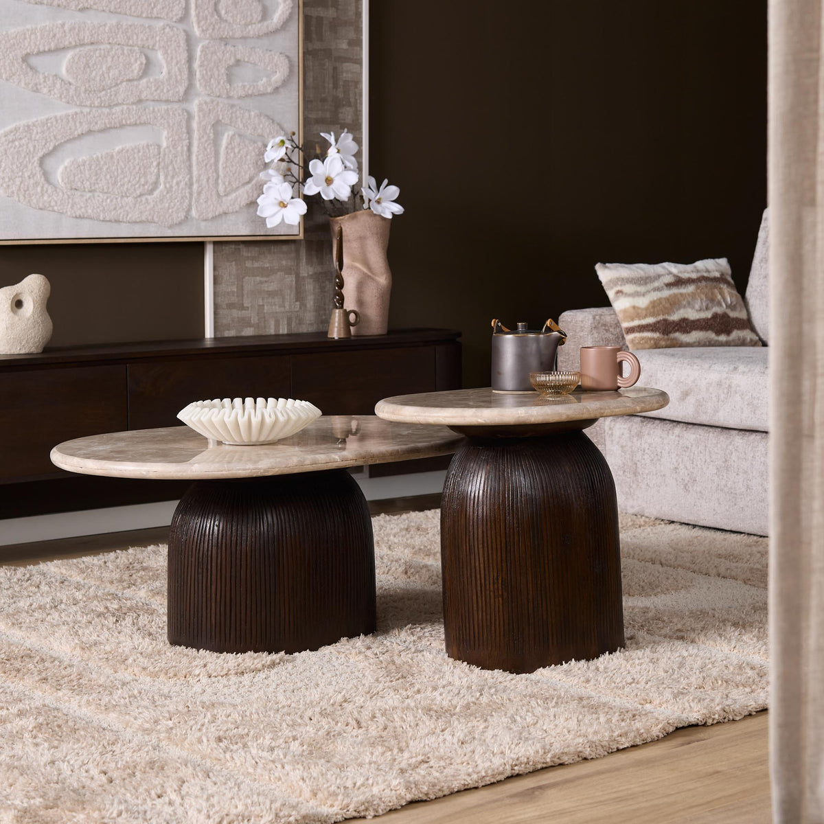 Salontafel Noel, 90 x 60 cm, ovaal, grijs marmer