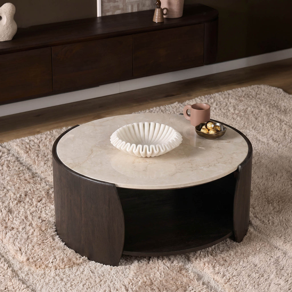 Salontafel Rune, 80 x 75 cm, Botticino marmer, donker hout